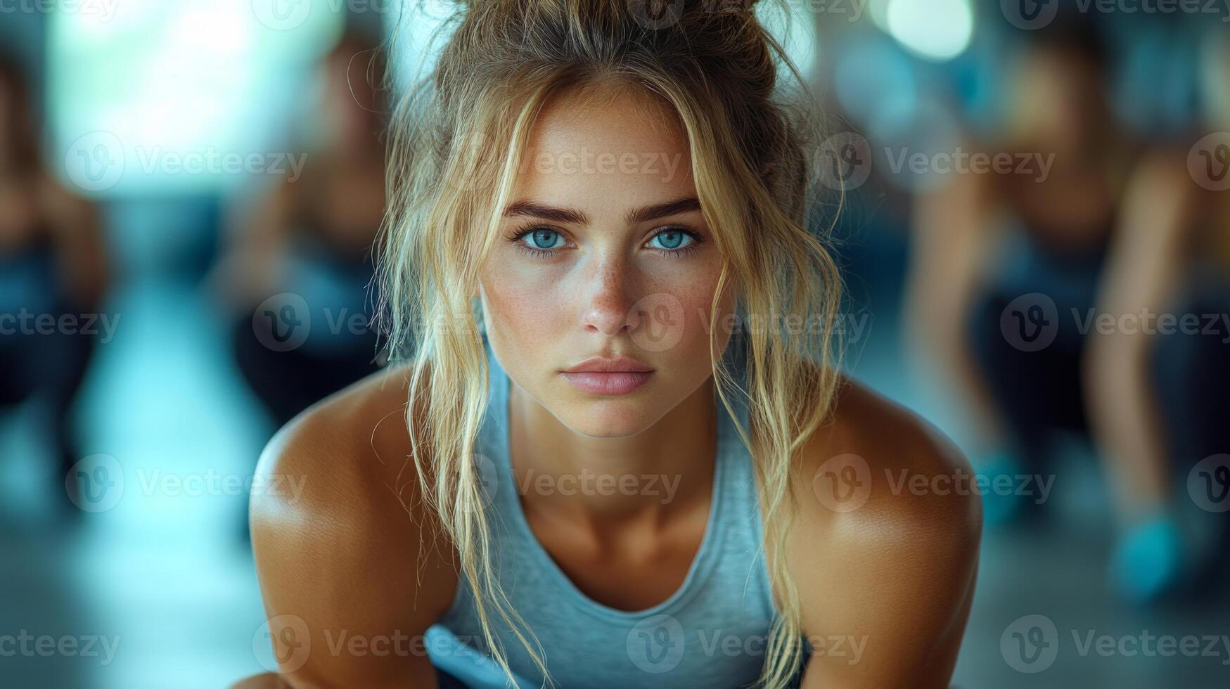 A dedicated athlete prepares for a workout in a fitness studio. Her intense focus showcases commitment while surrounded by others engaged in an intense session. photo