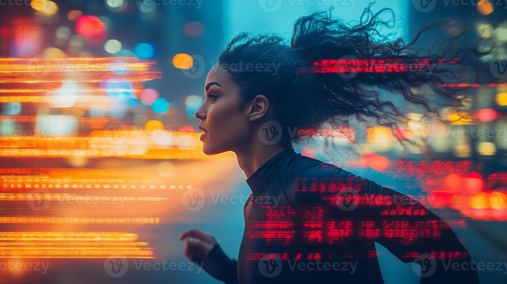 A determined woman runs swiftly through a bustling urban environment at night. Surrounding neon lights create a vibrant atmosphere, accentuating her movement. photo