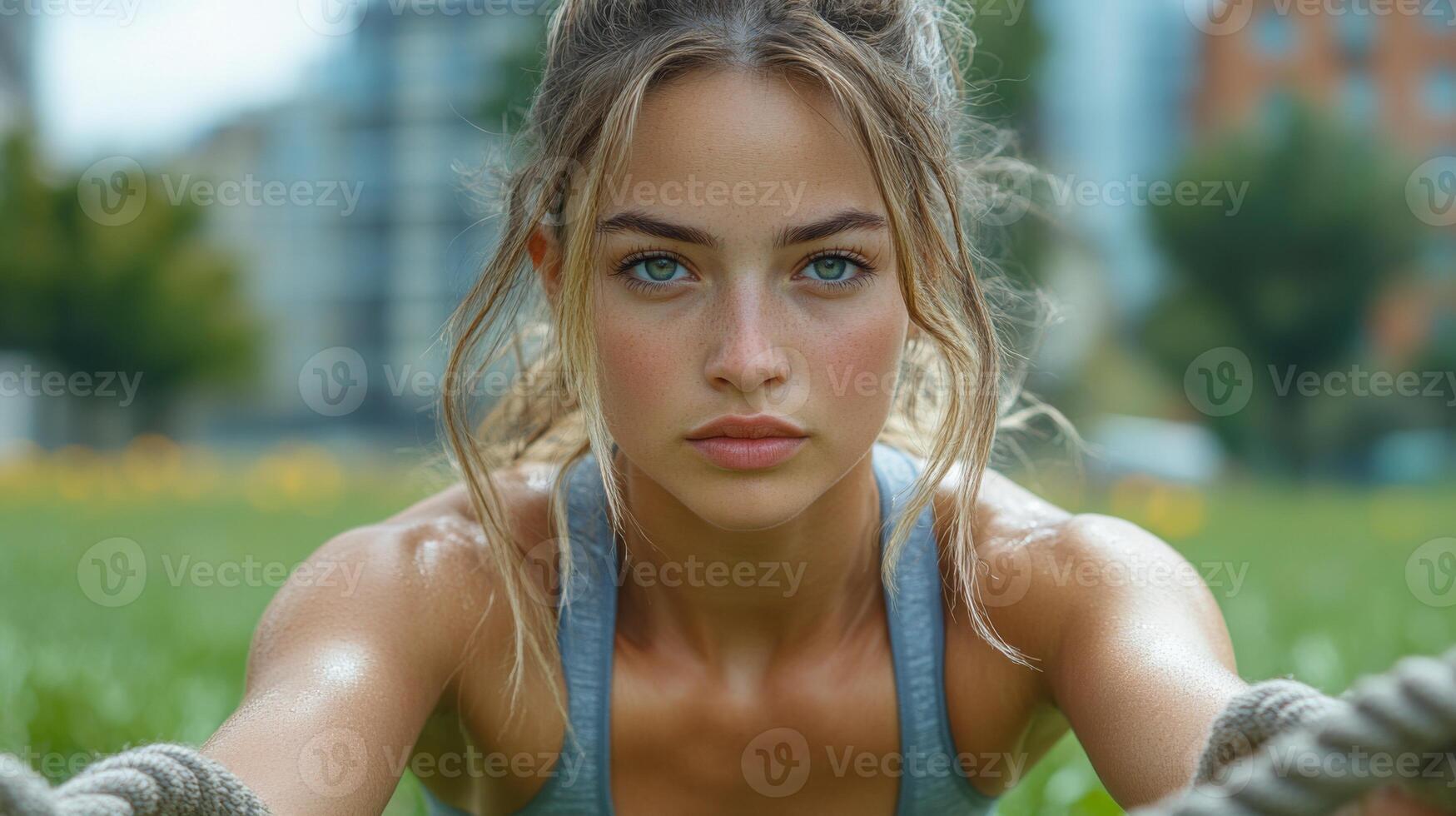 A young woman focuses intensely as she engages in a strength training routine outdoors. Sunlight highlights her features while she pushes herself in the park amidst urban surroundings. photo