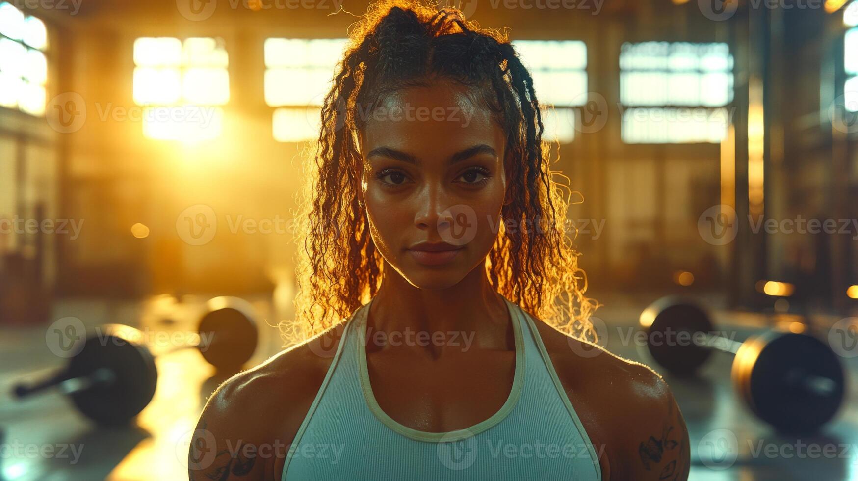 A strong female athlete stands poised in a gym, her muscular physique illuminated by warm golden sunlight streaming through windows, creating a vibrant mood during a workout. photo
