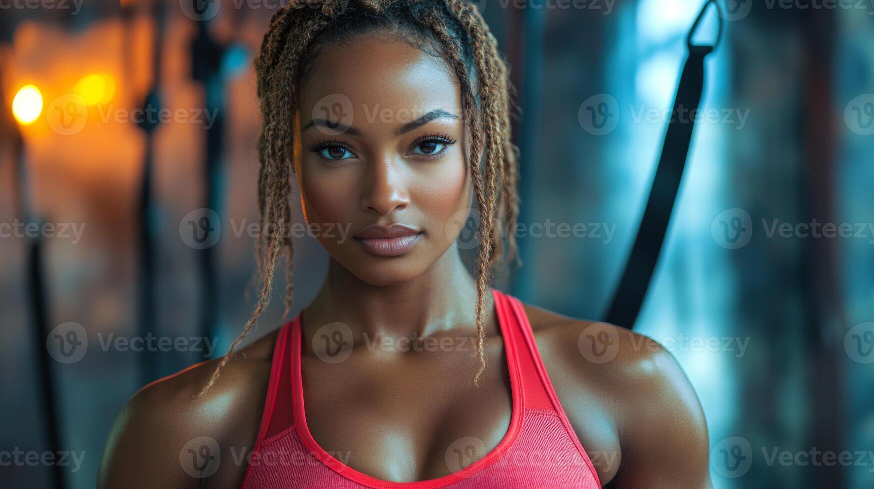 A confident woman in red athletic gear poses in a gym setting, showcasing her strength and determination while getting ready for an intense workout. photo