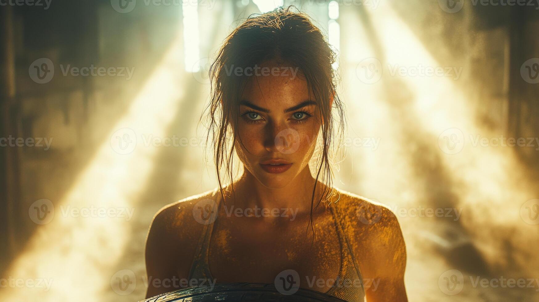 Muscular female athlete lifts a weighted object in a sun-drenched training facility. Dust particles float in the light, emphasizing her intense focus and dedication to fitness. photo