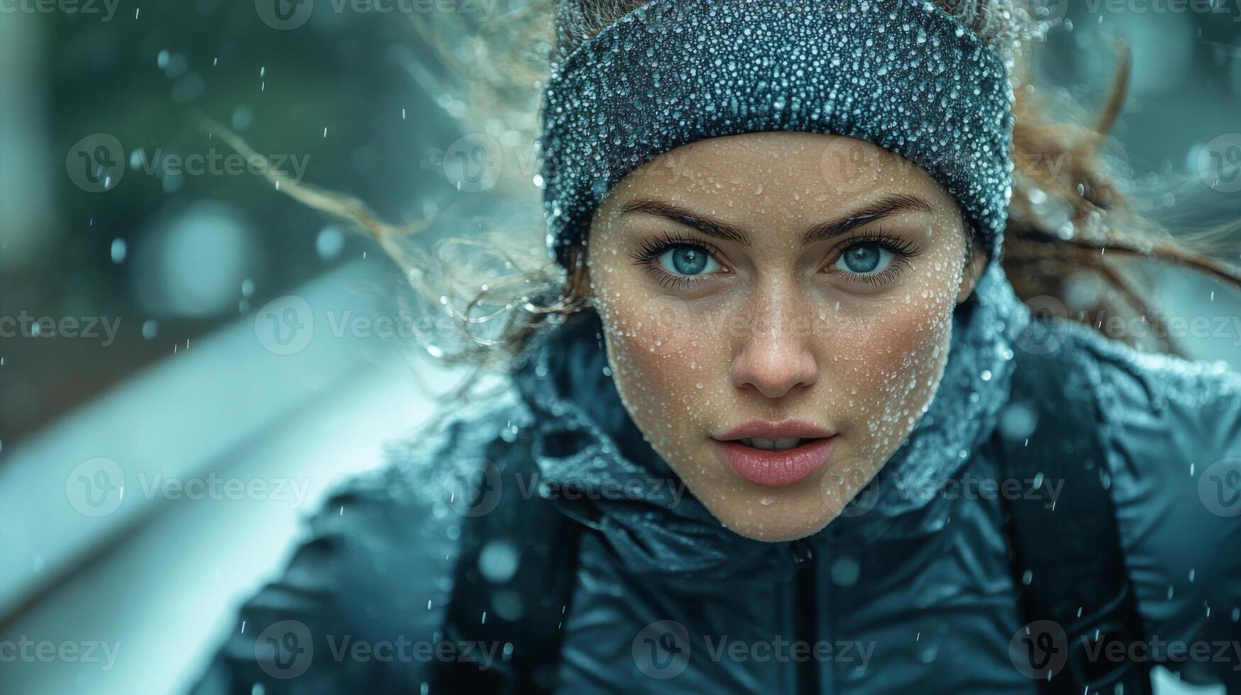 A young woman engages in a vigorous run through a snowy forest, displaying determination and focus. photo