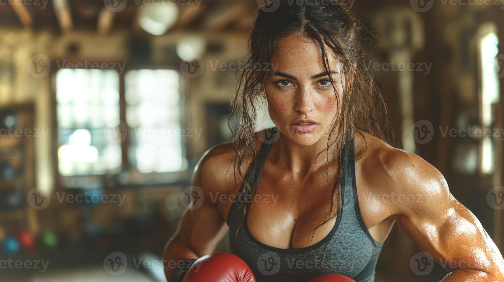 A determined female boxer is focused and ready for training inside a retro-style gym. The warm lighting highlights her athletic physique and intense expression. photo