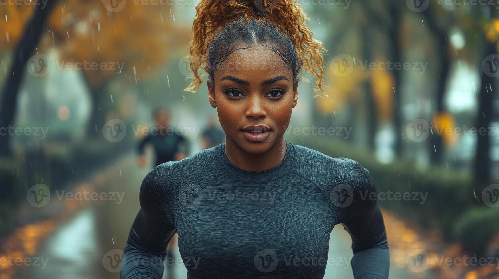 A woman runs with intensity along a tree-lined path in a park, surrounded by vibrant autumn leaves. The rain creates a reflective surface, enhancing the atmosphere. photo