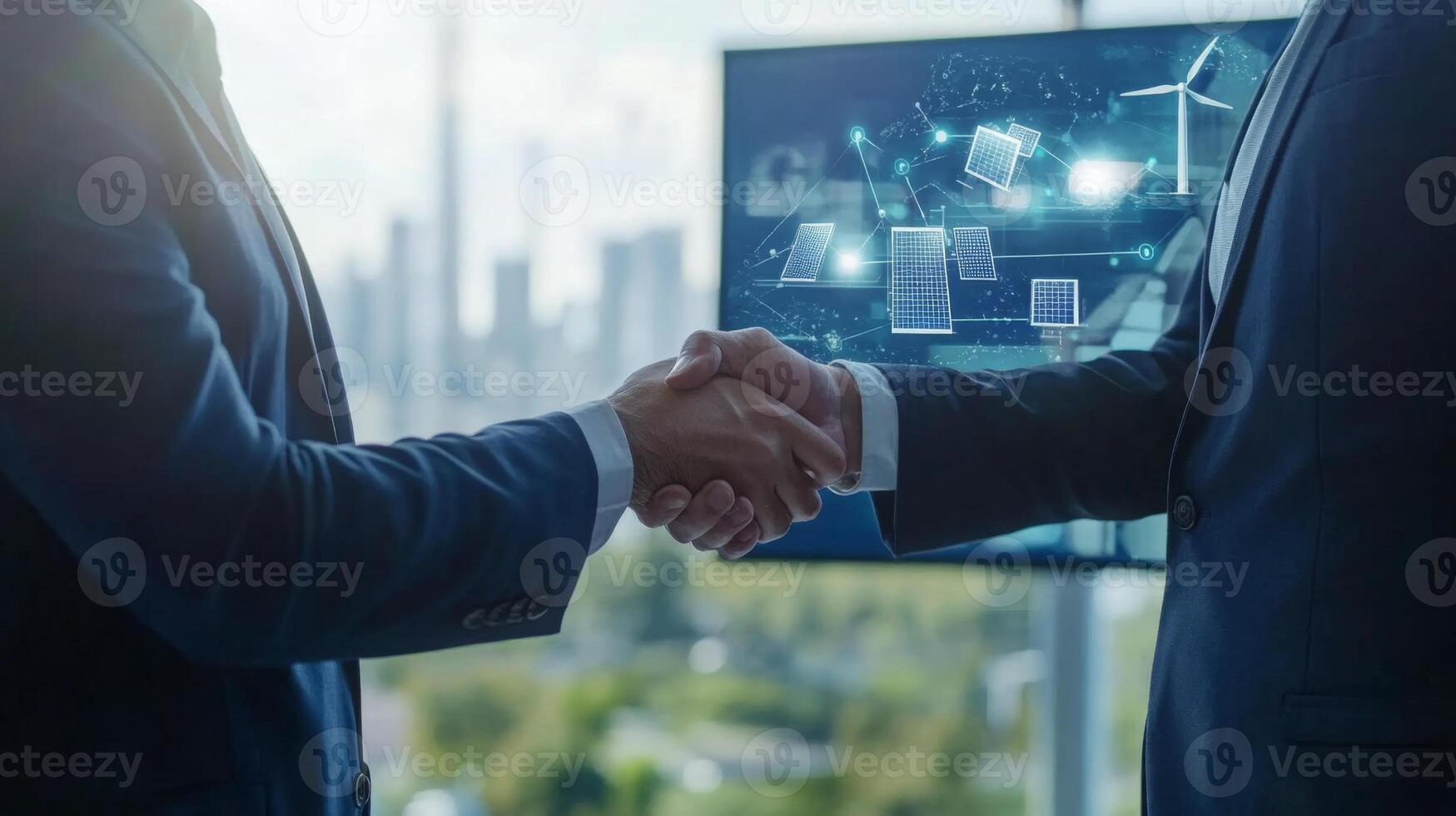 Two professionals shake hands, highlighting collaboration in sustainable finance. photo