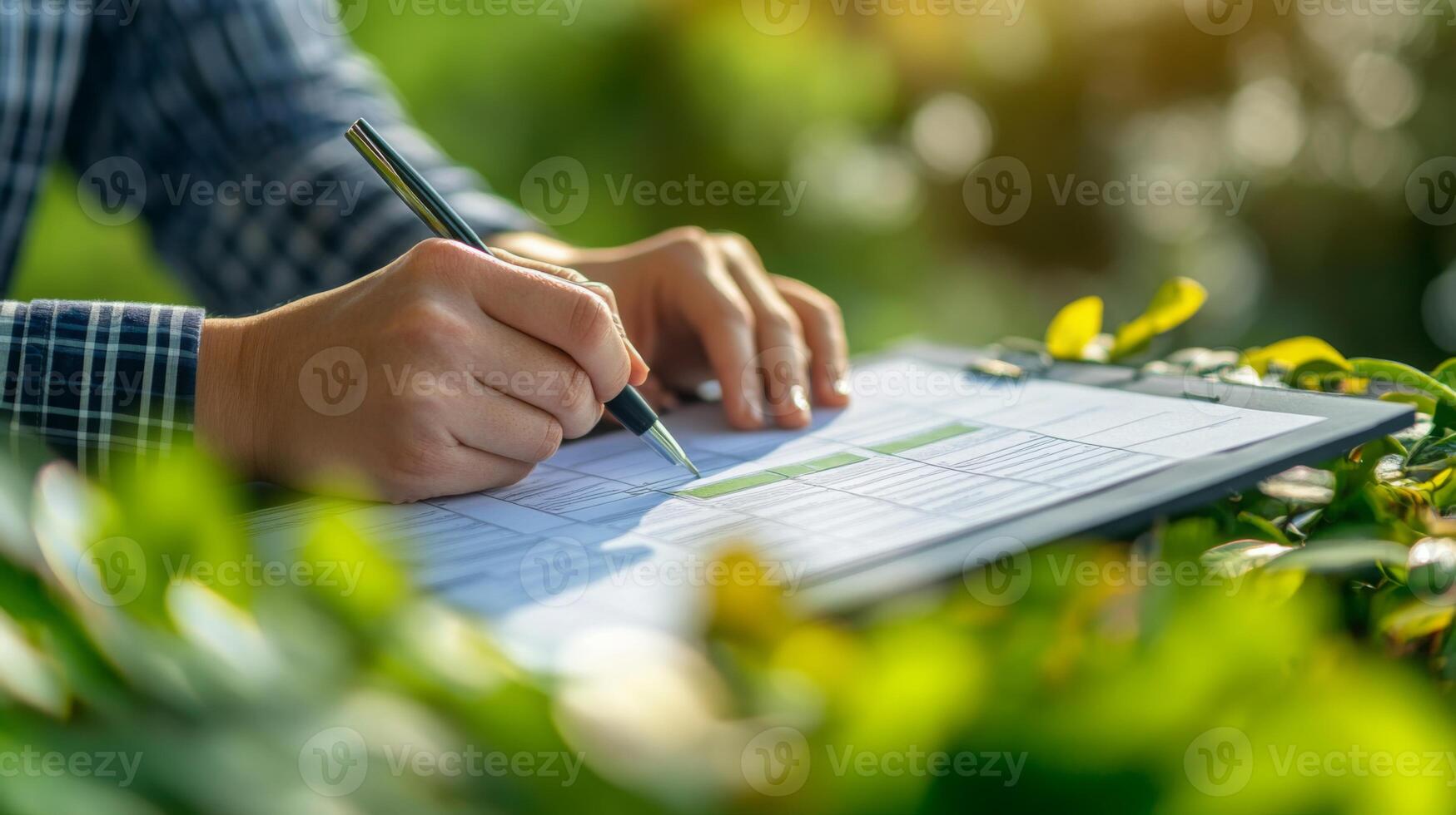 Hands are writing on a clipboard while surrounded by lush greenery, indicating a focus on sustainable finance initiatives. This setting promotes environmental awareness and financial responsibility. photo