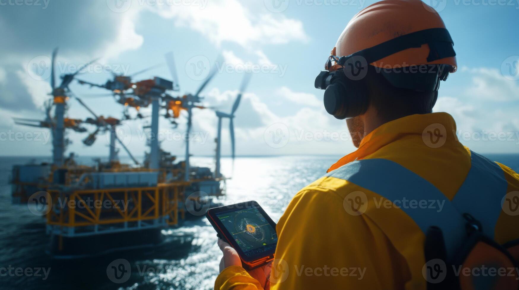 An operator in a yellow safety suit observes the offshore wind farm, equipped with turbines. The worker uses a tablet to track energy input while the sun shines brightly in the background. photo