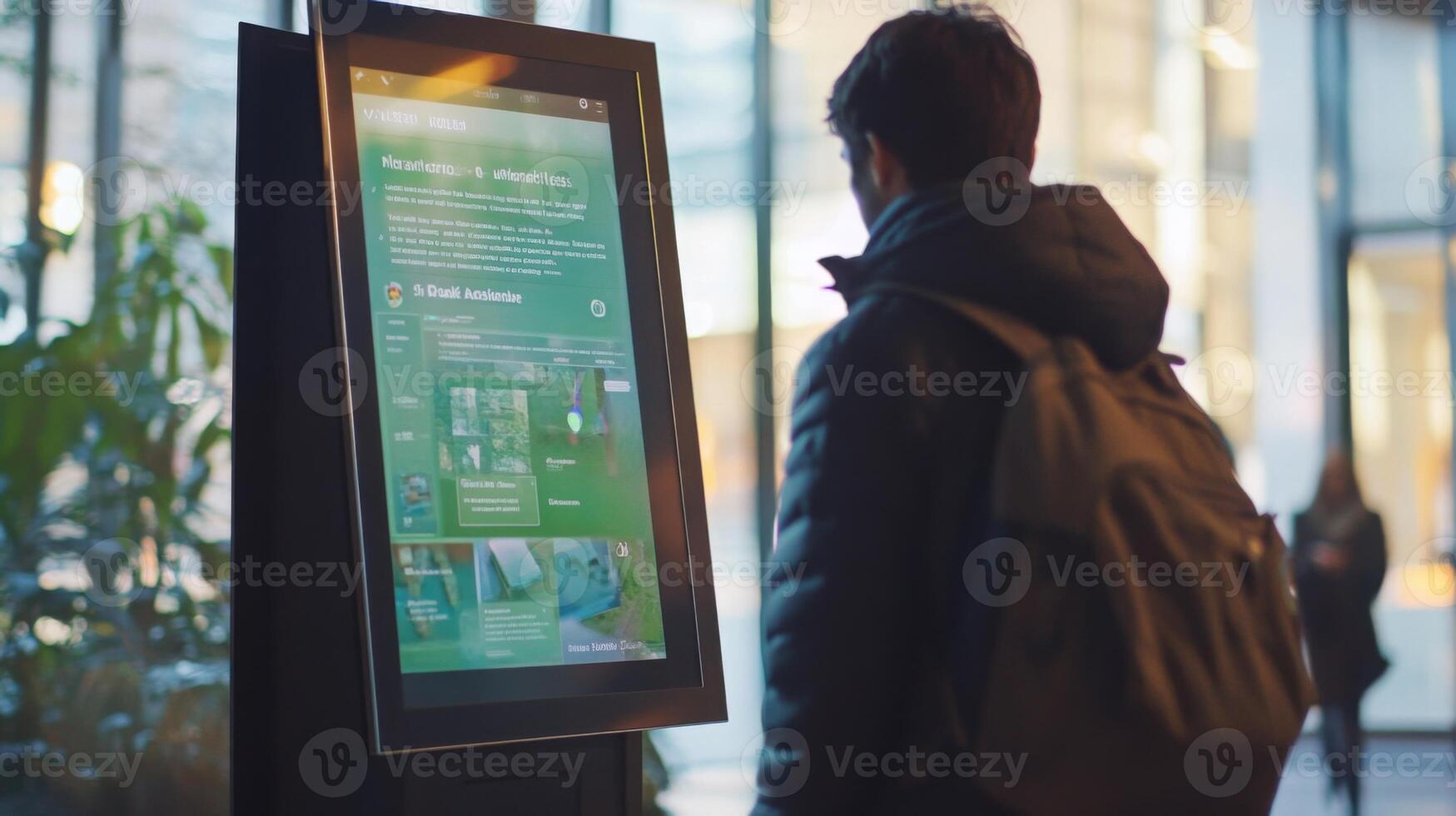 A person interacts with a large digital display showcasing information on artificial intelligence and sustainable finance. The setting is a contemporary office space filled with natural light. photo