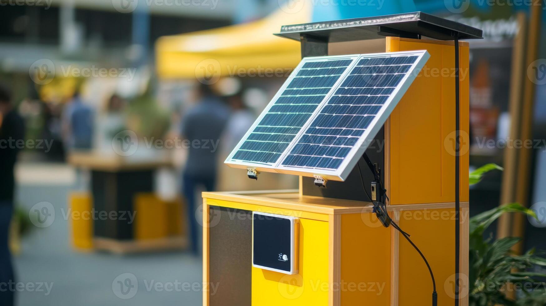 A vibrant solar-powered kiosk displays technology for sustainable finance at a bustling tech expo. Attendees engage with interactive features while sunlight powers eco-friendly initiatives. photo