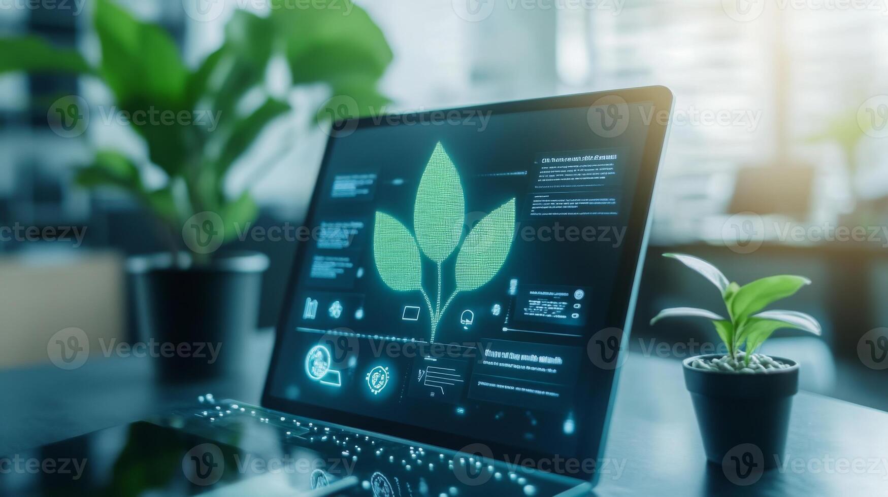 A laptop displays a digital interface showcasing metrics related to sustainable finance. photo