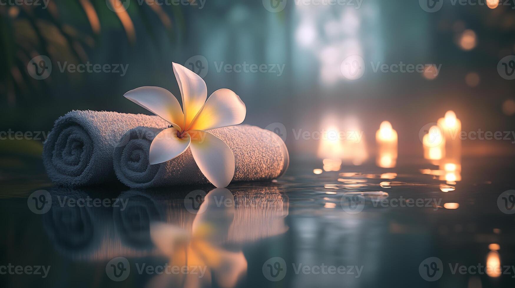 Two rolled towels are elegantly placed by a tranquil water setting, adorned with a fragrant flower. Soft candlelight flickers in the background, creating a peaceful atmosphere for self-care. photo