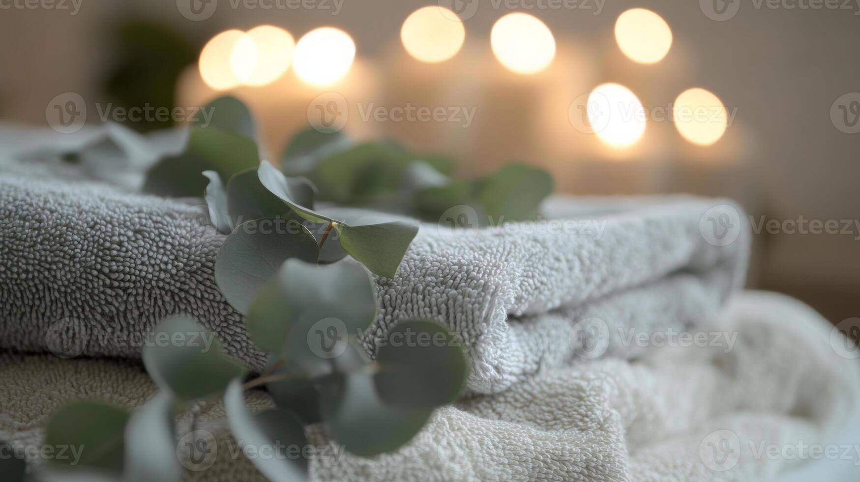 Soft, textured towels are neatly stacked alongside fresh eucalyptus leaves, creating a calming atmosphere. Candles emit a warm glow in the background, enhancing the eco-friendly spa ambiance. photo