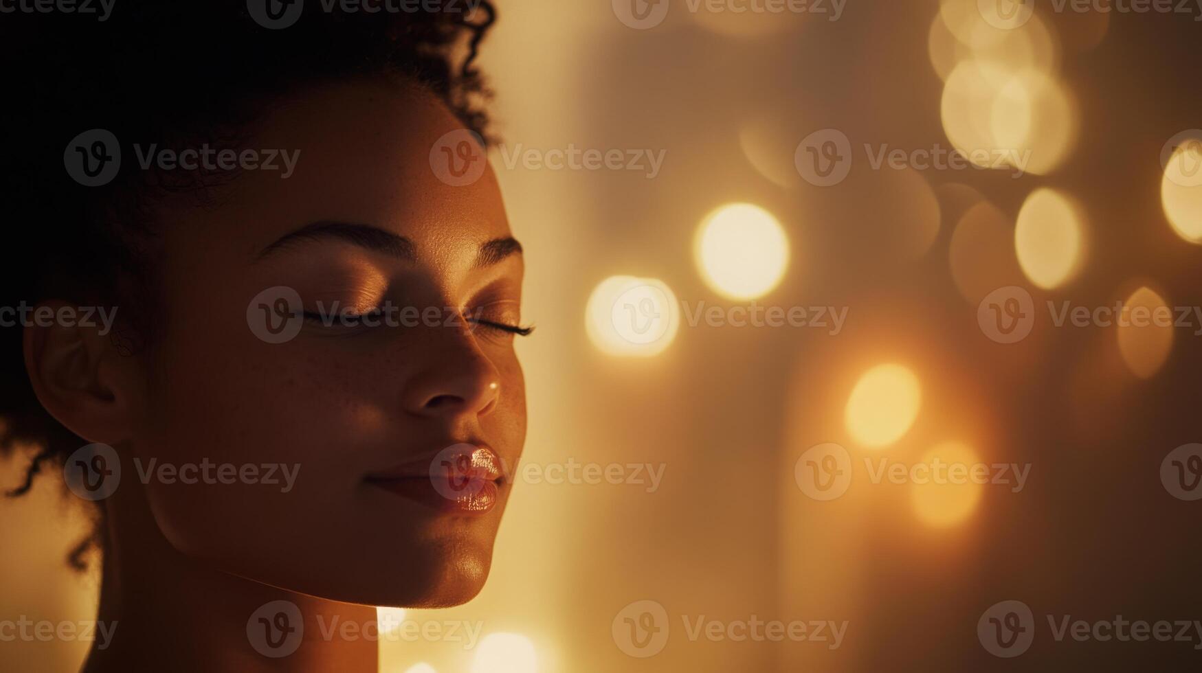 A woman enjoys a peaceful moment in a cozy home spa, surrounded by soft lighting and a tranquil ambiance. The multisensory environment promotes relaxation and self-care while she unwinds. photo