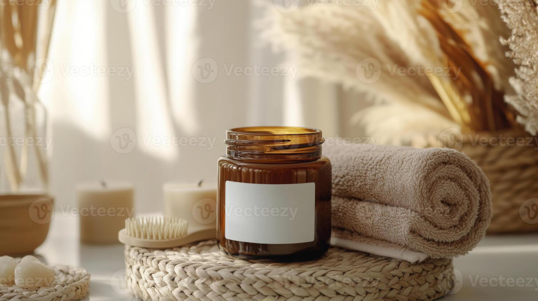 A cozy arrangement showcasing a glass jar of sustainable beauty product surrounded by natural decor. Soft towels, candles, and a wooden brush create a calming atmosphere perfect for self-care. photo