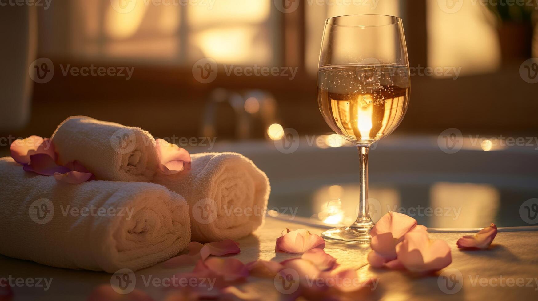 Soft light filters through a window, illuminating rolled towels and rose petals scattered on a counter next to a glass of sparkling drink, highlighting a serene spa ambience focused on relaxation. photo