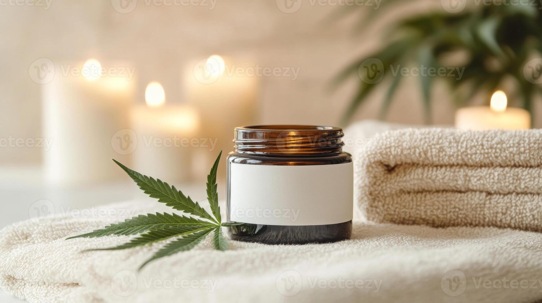 A glass jar filled with natural beauty product sits on a soft towel, surrounded by glowing candles and fresh greenery. This serene space promotes an eco-friendly, zero-waste approach to beauty. photo