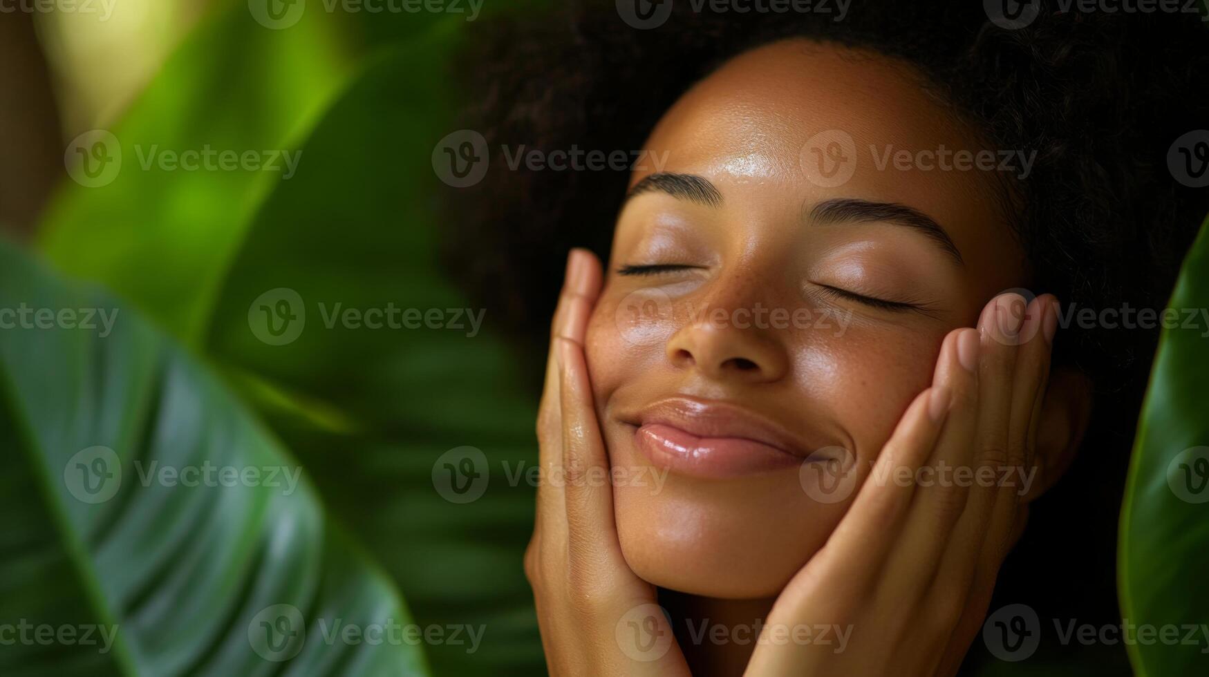 A woman enjoys a multisensory beauty treatment surrounded by vibrant green foliage. She smiles contentedly while gently massaging her face, embracing the calming atmosphere of her home-spa. photo