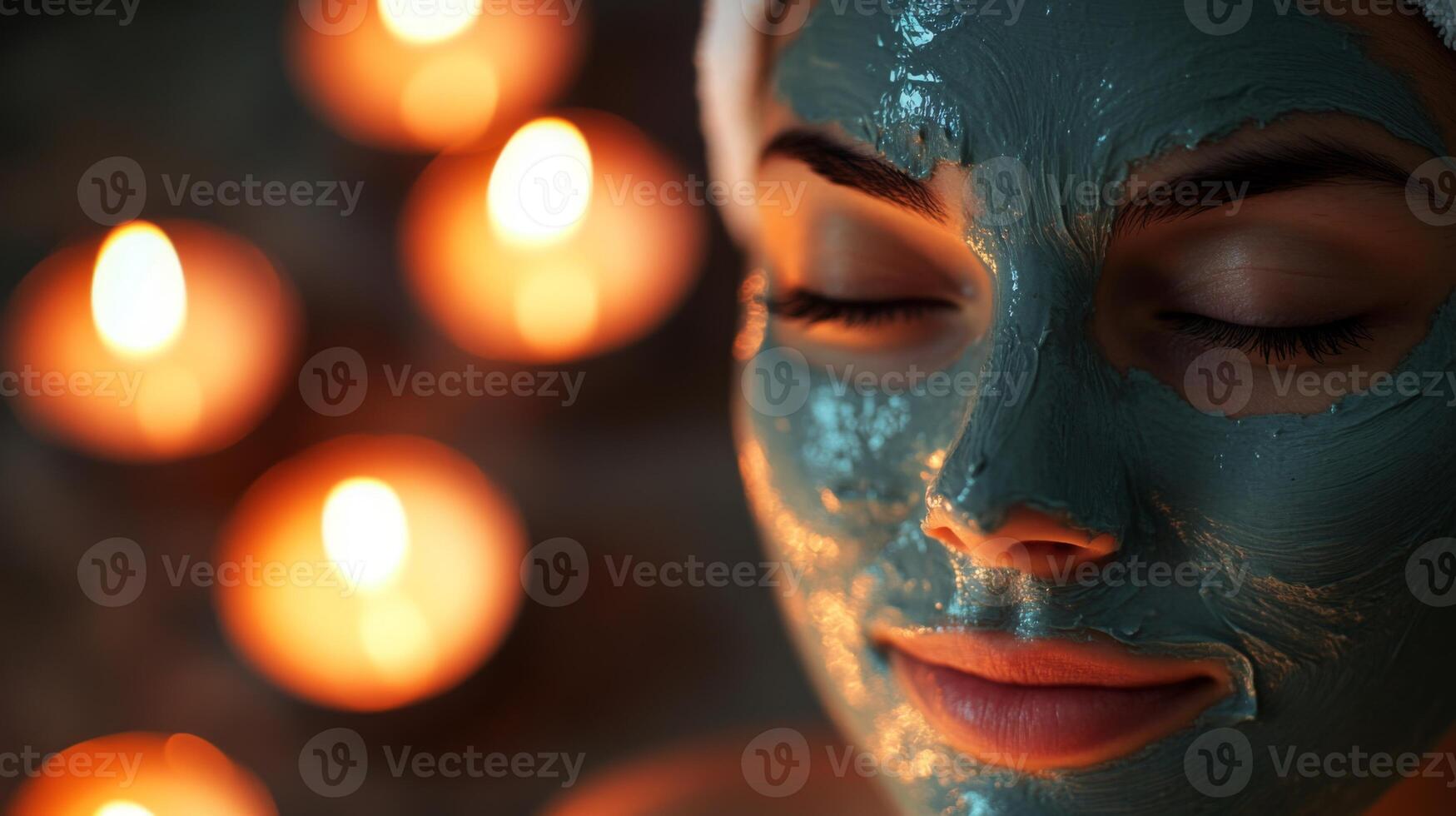 A person relaxes with a green clay face mask applied, eyes closed in tranquility. Soft candlelight enhances the soothing atmosphere, creating a peaceful home-spa setting in the evening. photo
