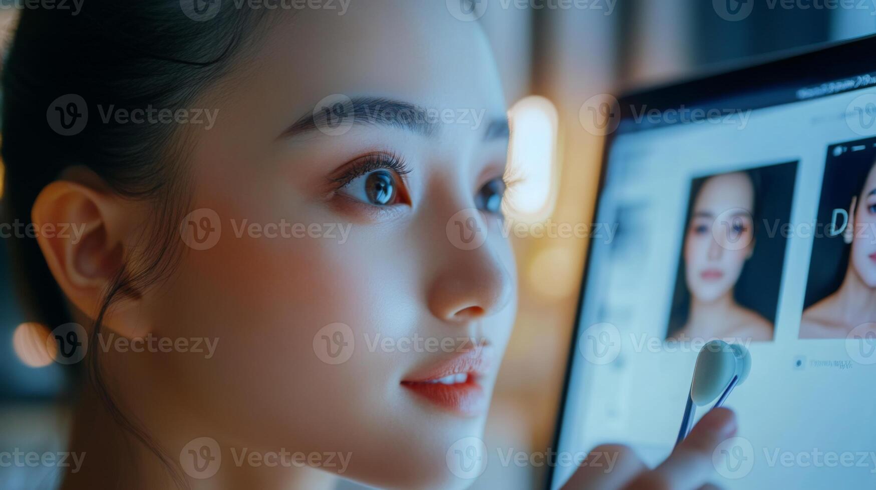 A user engages in a virtual skincare consultation, examining her face closely as she seeks advice. The session takes place online, utilizing advanced technology for personalized recommendations. photo