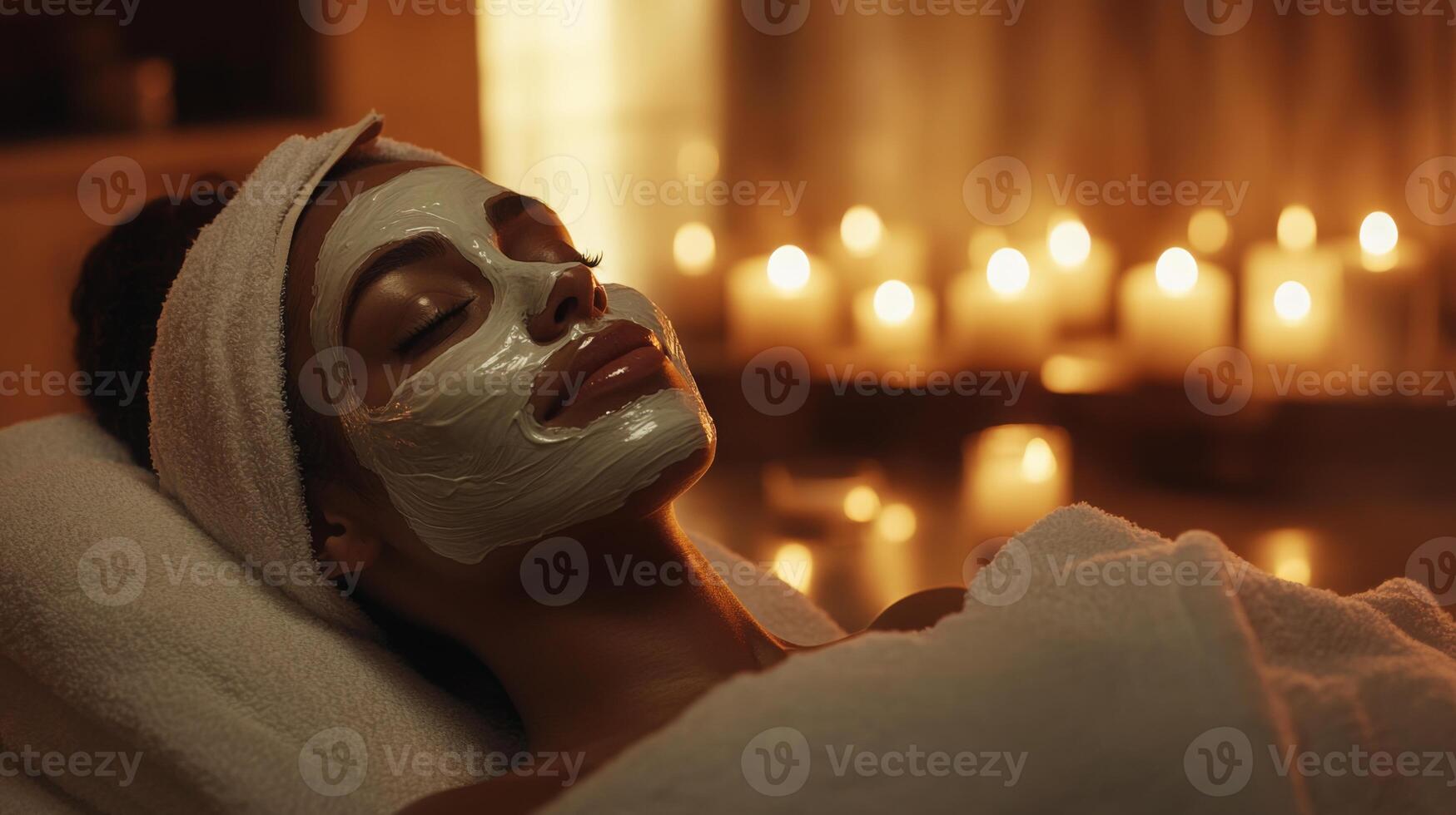 A woman enjoys a calming home spa session, featuring a facial mask and surrounded by warm candlelight. The serene atmosphere enhances relaxation, promoting beauty and self-care. photo