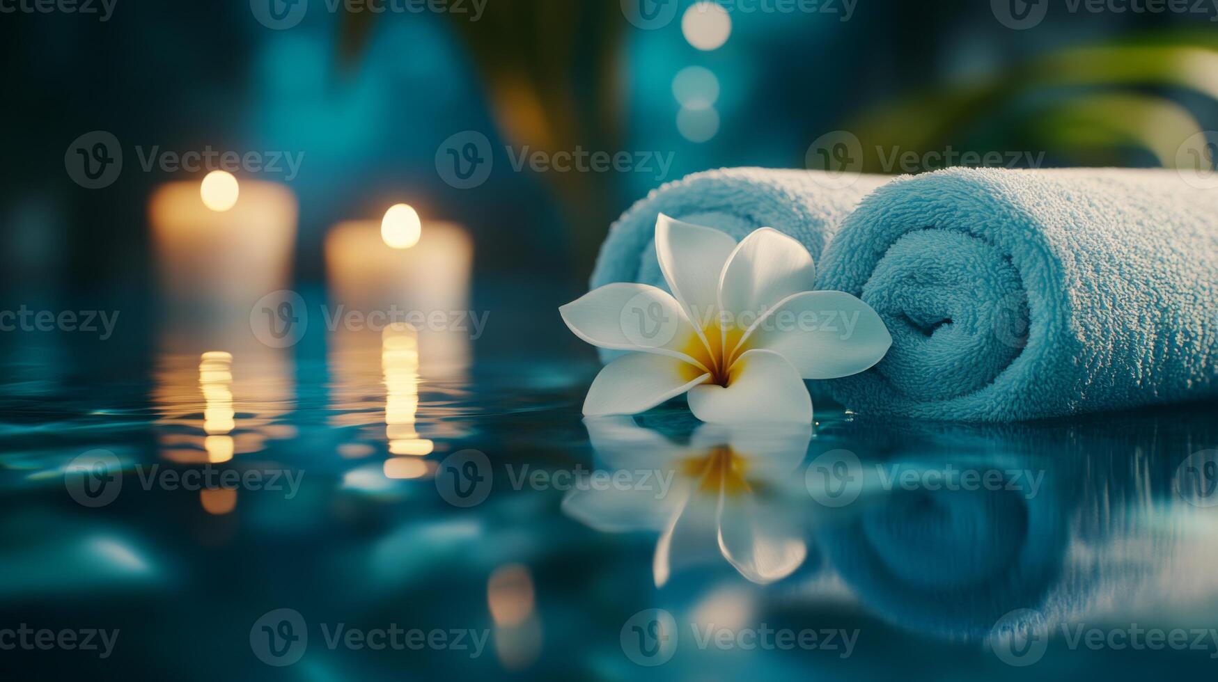 Soft towels are neatly arranged beside glowing candles in a tranquil space. A single white flower rests on the towels, creating a calming atmosphere ideal for multisensory aromatherapy sessions. photo