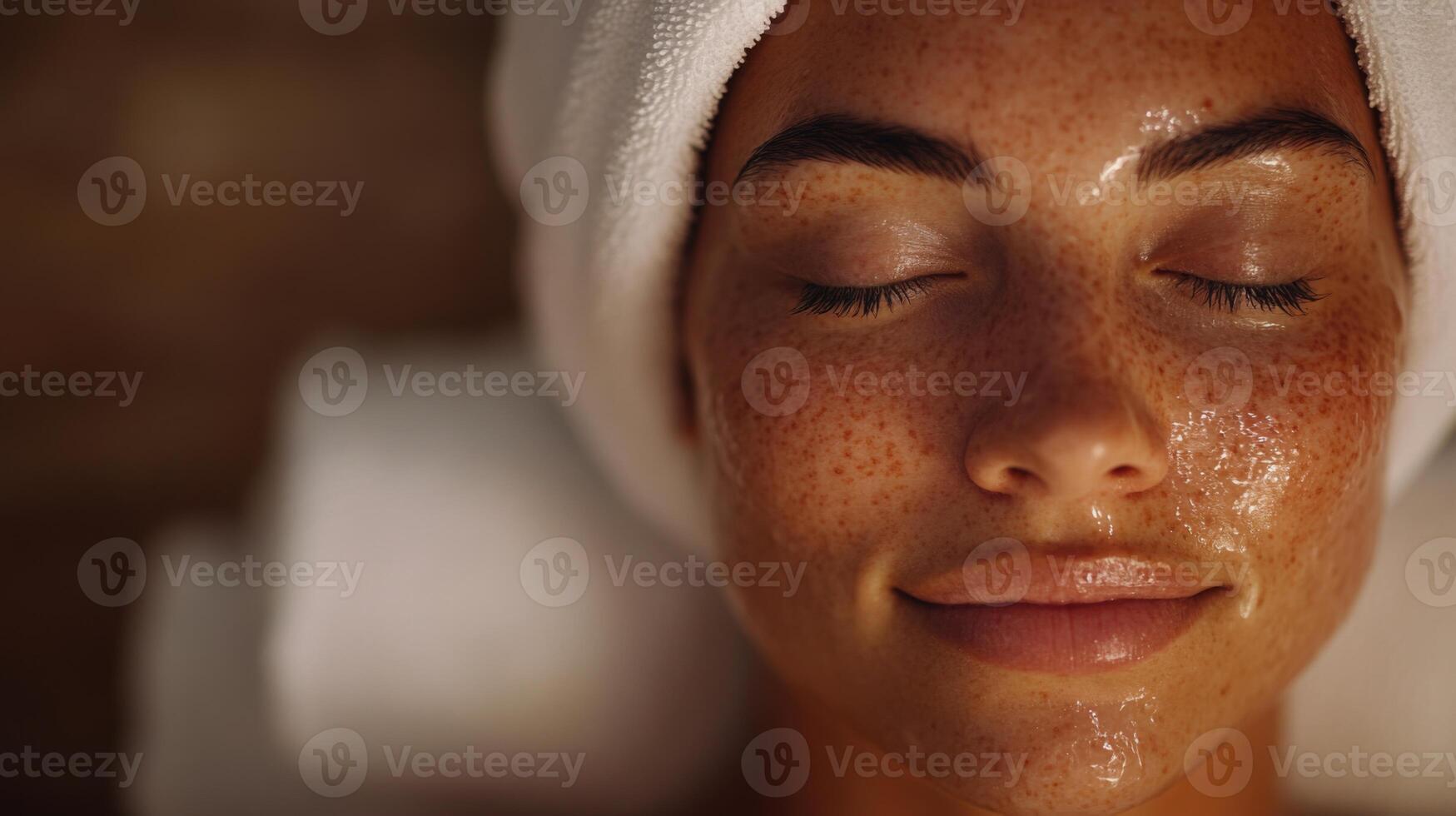 A person enjoys a calming home spa treatment, featuring a hydrating face mask and a towel wrapped around their head. The serene atmosphere enhances the beauty and relaxation experience. photo