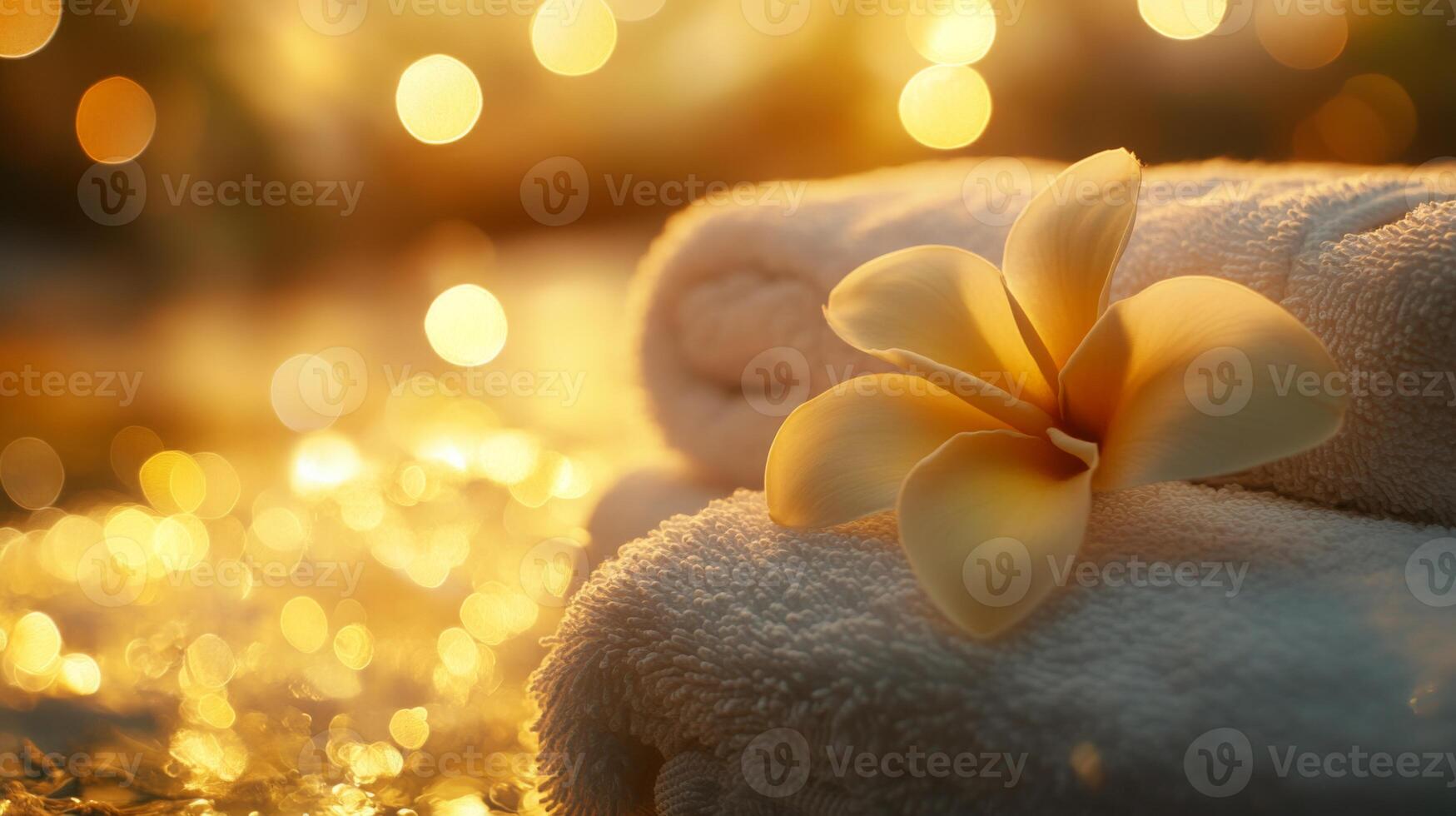 Soft towels are elegantly arranged with a fragrant flower resting on top, creating a calming atmosphere. The warm, ambient light enhances the immersive sensations of relaxation and aromatherapy. photo