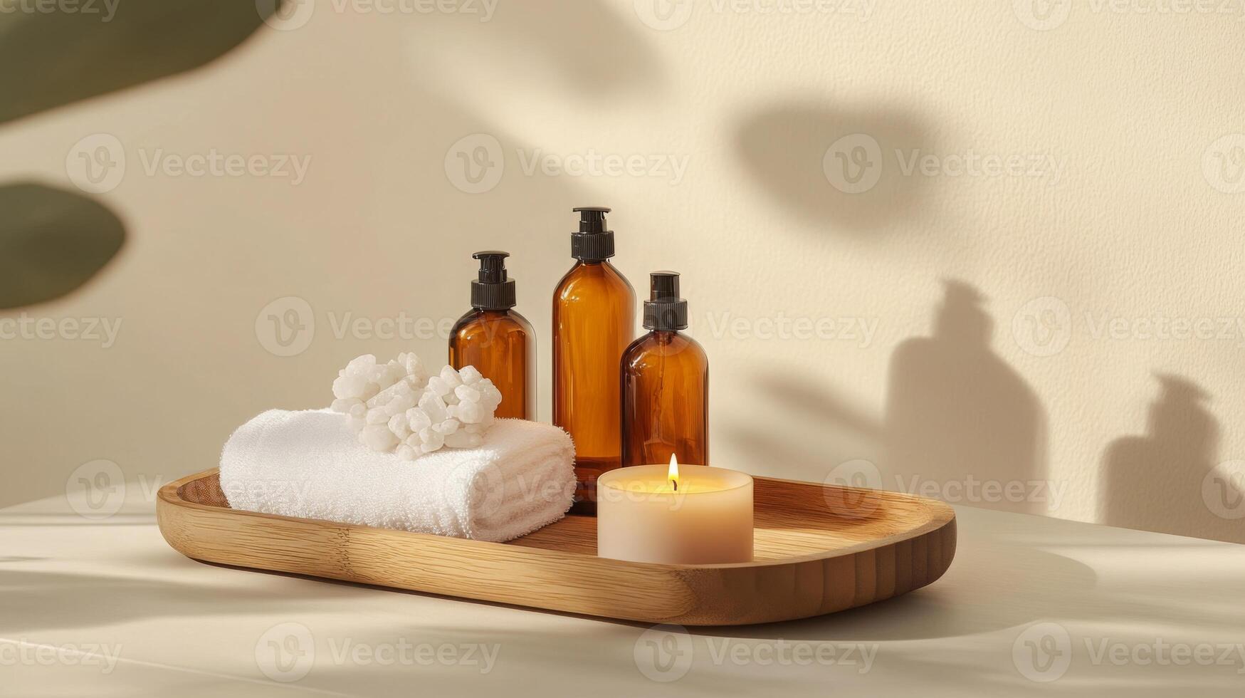 Natural beauty products are elegantly arranged on a wooden tray, featuring amber bottles, a soft towel, and a lit candle. The design emphasizes eco-friendliness and tranquility in a serene setting. photo