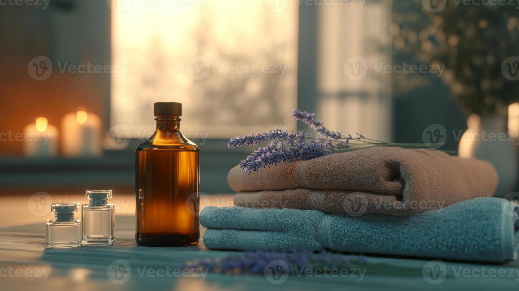 Soft towels and amber bottles filled with essential oils are arranged harmoniously on a wooden surface. Fresh lavender adds a calming touch, creating a serene atmosphere during sunset. photo