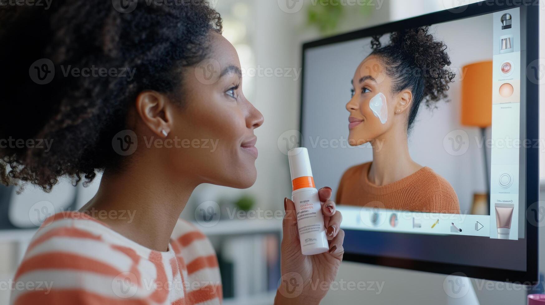 A woman participates in an online skincare consultation, using ai tools to enhance her beauty experience. She holds a skincare product while engaging with the virtual platform for expert guidance. photo
