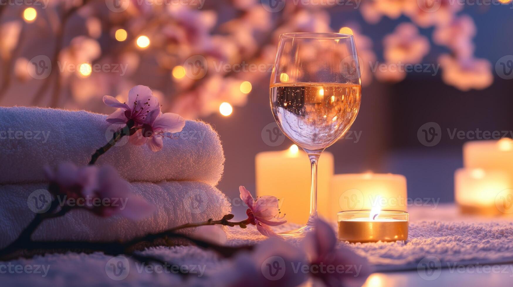 Softly lit candles surround plush towels and a glass of aromatic drink. photo