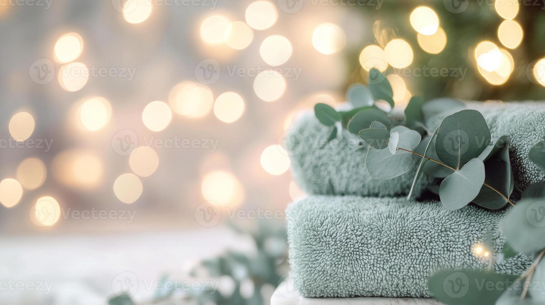 Plush green towels sit neatly stacked next to fresh eucalyptus leaves, surrounded by warm, soft bokeh lights. This tranquil arrangement emphasizes eco-friendly beauty and zero-waste living elegantly. photo