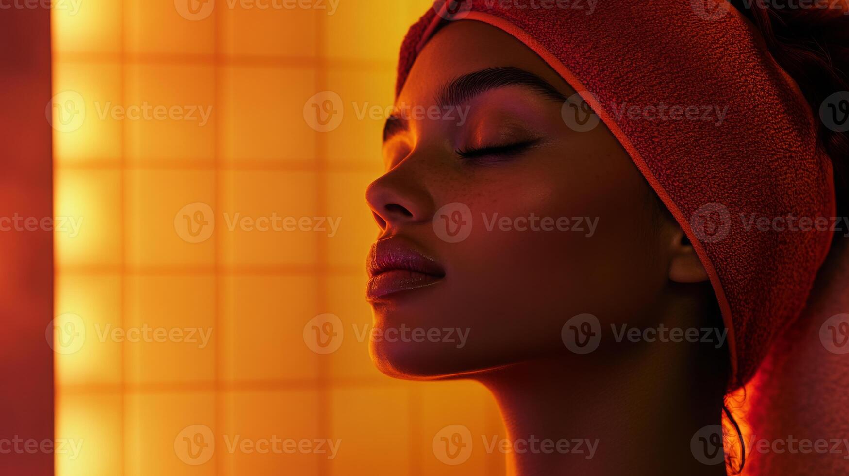 Soft light envelops a person enjoying a tranquil moment at home, surrounded by calming colors and a serene atmosphere. The warm glow enhances a multisensory beauty routine. photo