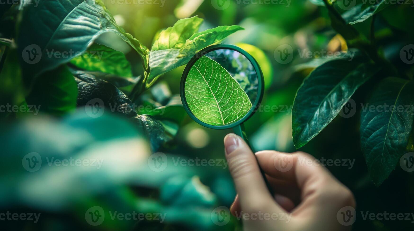 A hand holds a magnifying glass focused on a green leaf, showcasing the intricate details of nature. Surrounding foliage emphasizes themes of sustainability and environmental responsibility. photo