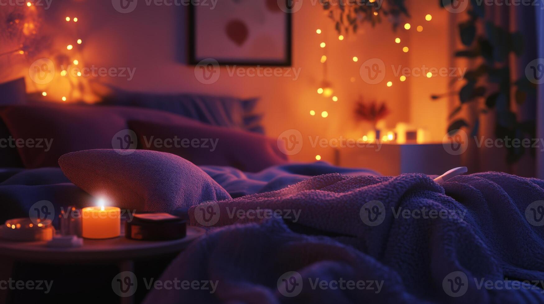 Soft bedding is surrounded by warm candlelight and fairy lights, creating a tranquil atmosphere perfect for relaxation. The inviting space promotes a multisensory aromatherapy experience. photo