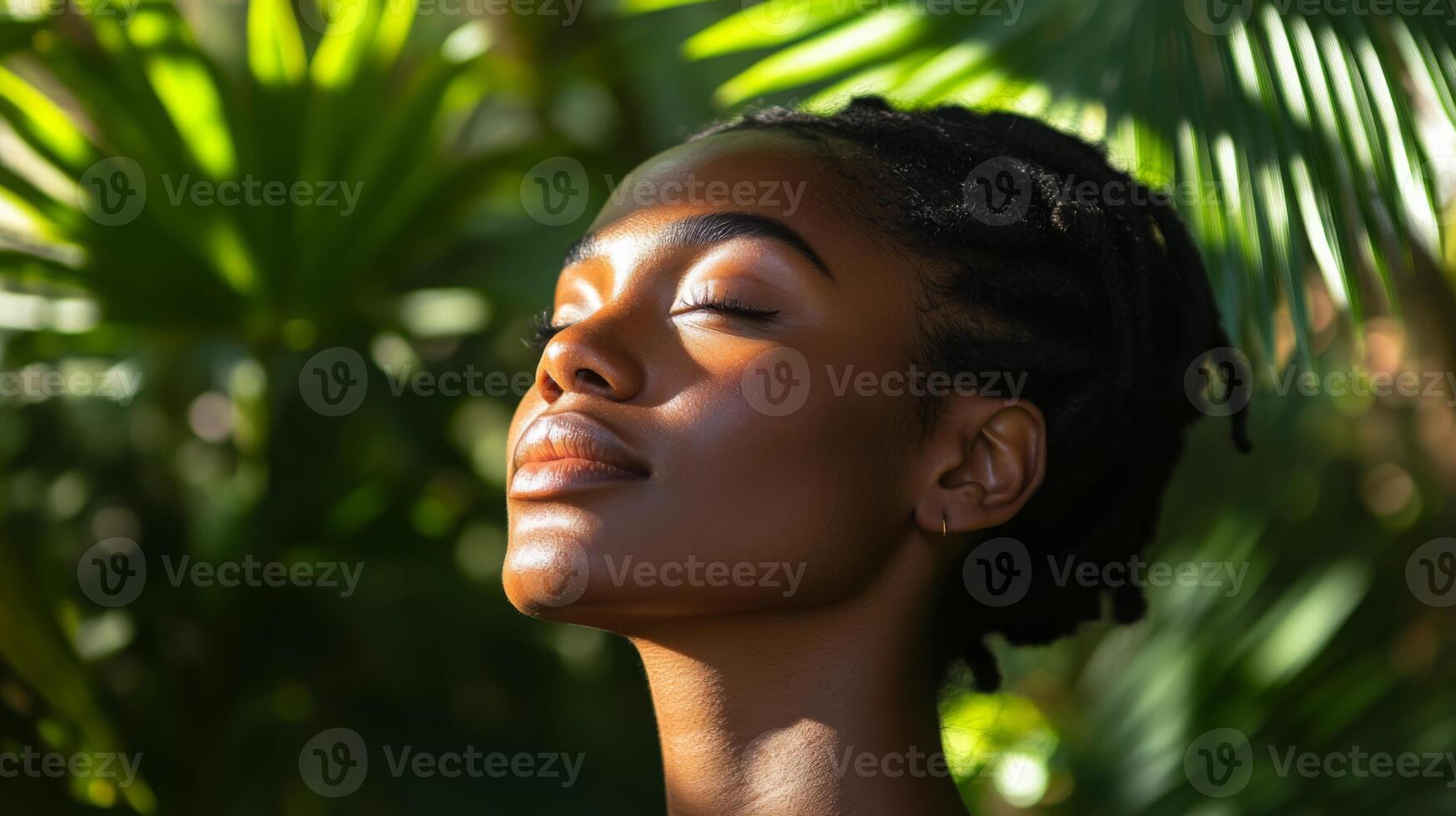 Embracing tranquility, a woman enjoys a moment of serenity in a lush, green environment. Sunlight gently illuminates her face as she experiences a soothing home spa session, enhancing her beauty. photo