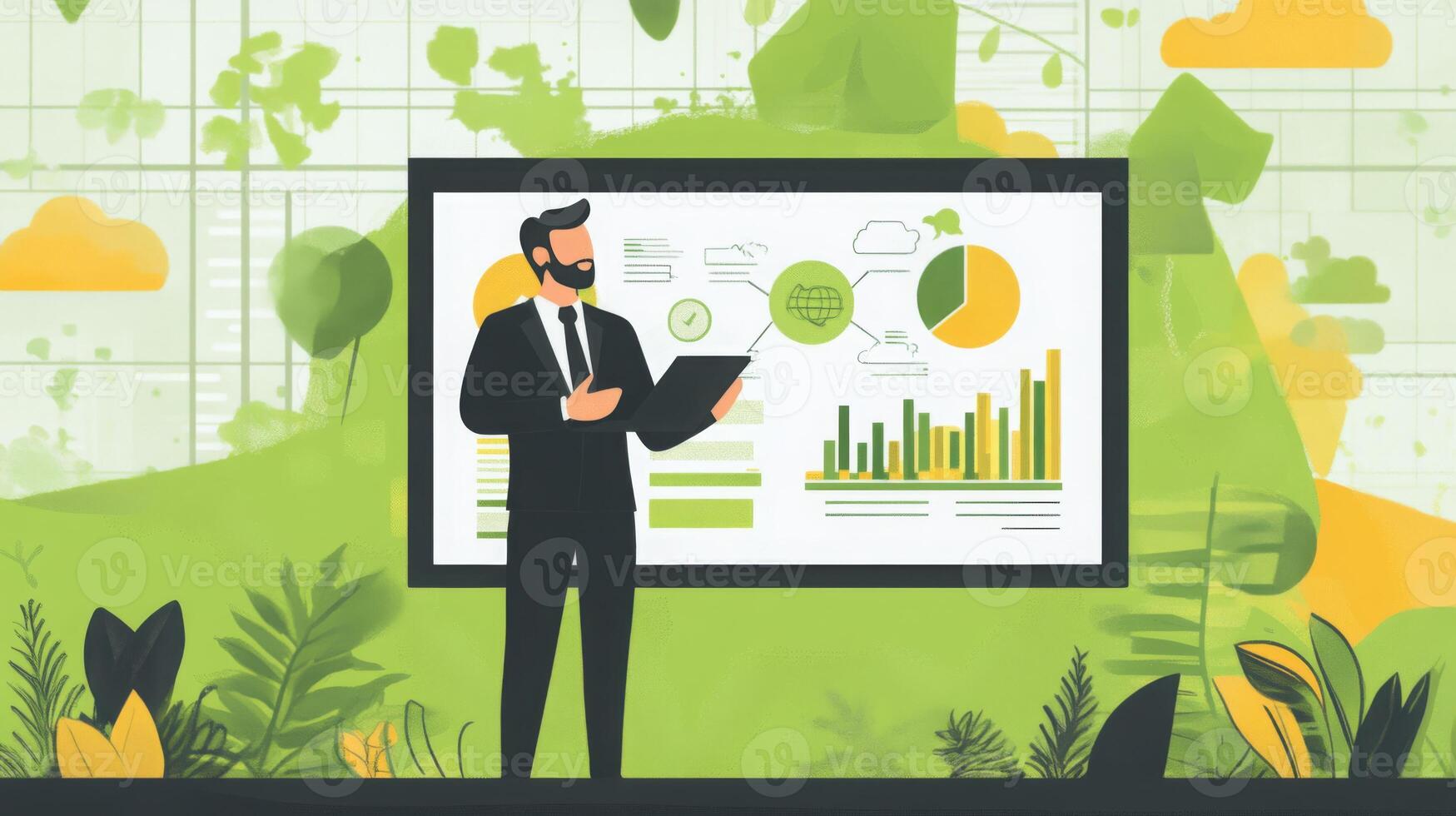 A business professional presents data on sustainable finance trends, showcasing the integration of AI technologies. photo