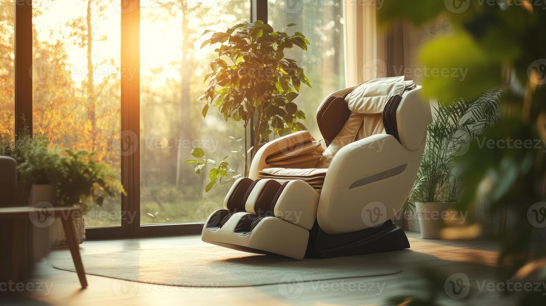 A multisensory experience unfolds in a tranquil room as sunlight streams through large windows, illuminating a state-of-the-art ai massage chair surrounded by lush greenery. photo