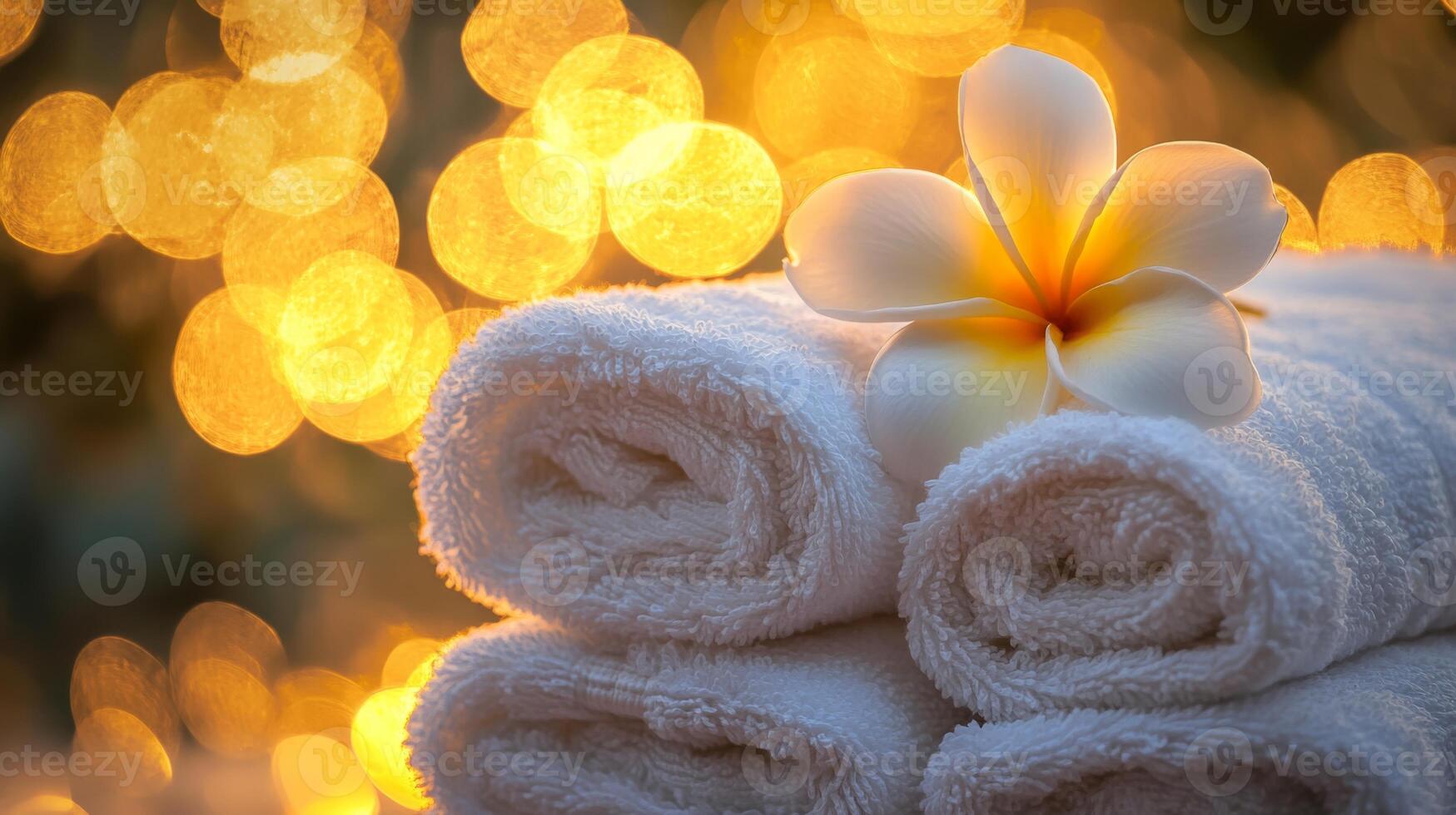 Soft towels are neatly stacked with a delicate flower on top, surrounded by a warm, glowing ambiance that evokes tranquility and immerses the senses in a calming aromatherapy experience. photo