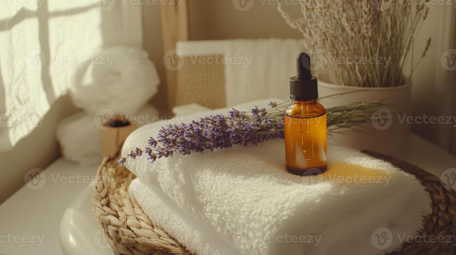 Lavender oil sits elegantly on a fluffy white towel, surrounded by dried lavender and soft textures. Sunlight filters through a window, creating a tranquil atmosphere perfect for self-care. photo