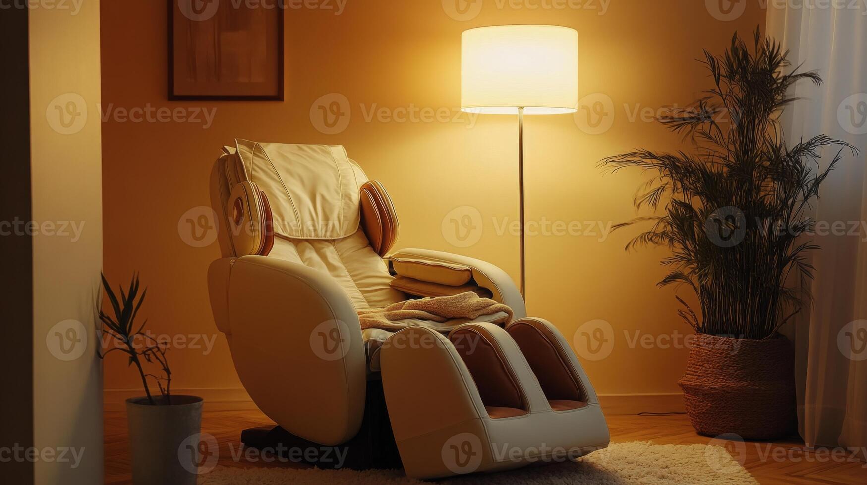 A cozy chair designed for relaxation stands in a softly lit room, surrounded by plants. The ambiance promotes a multisensory experience, ideal for aromatherapy and mindfulness activities. photo