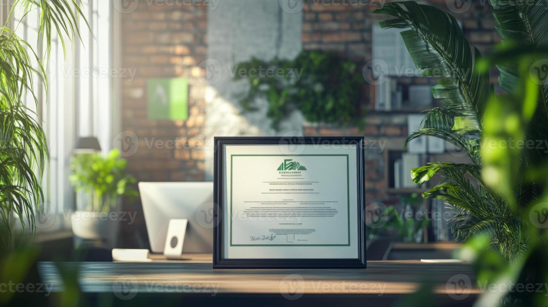 A certificate recognizing expertise in sustainable finance is prominently displayed on a sleek desk. Green plants and natural light enhance the modern office, creating an inspiring atmosphere. photo