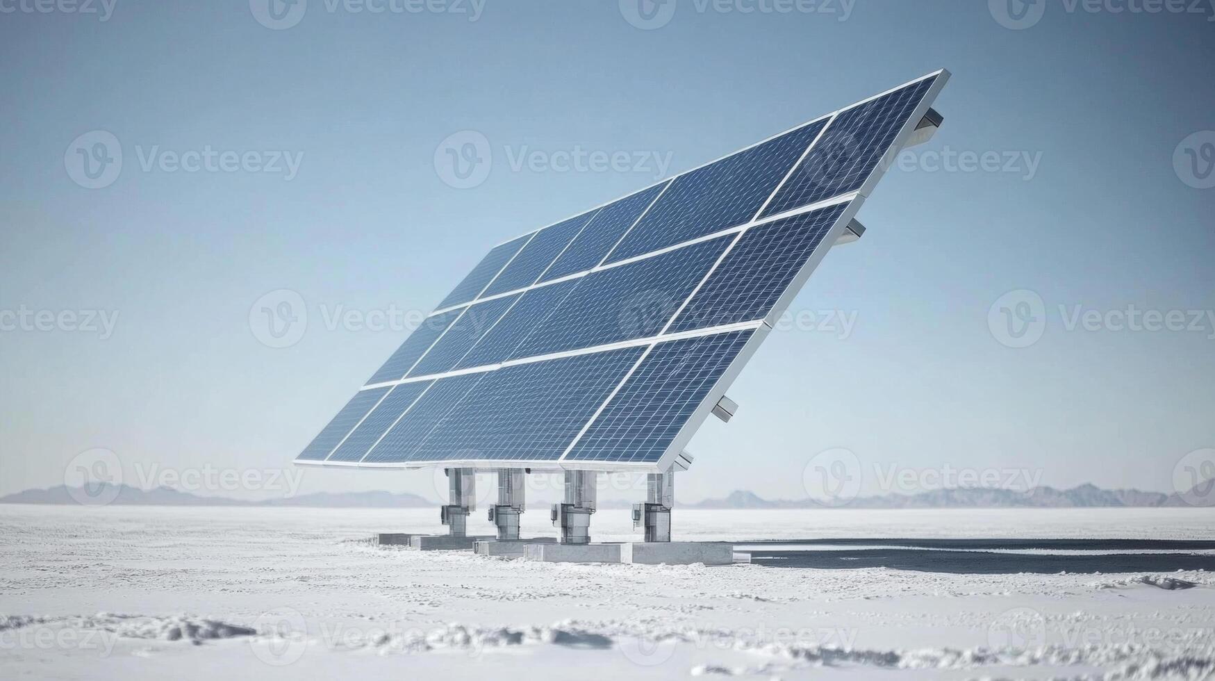 A solar panel array stands on a barren landscape, showcasing innovative sustainable finance technology. The installation emphasizes clean energy in remote locations, promoting renewable resources. photo
