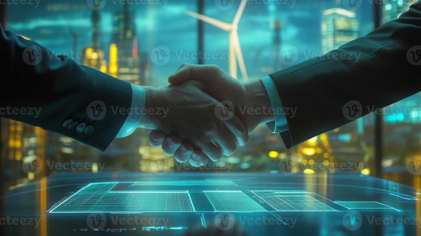 Two professionals shake hands in front of a digital display highlighting renewable energy data. photo
