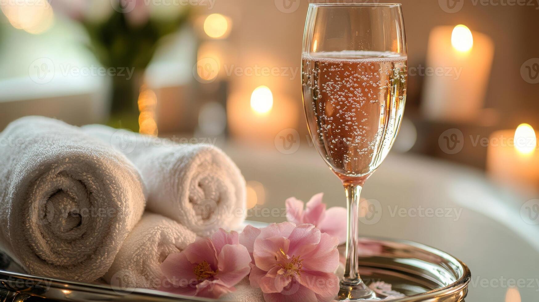 A tranquil bath environment features soft towels and delicate flowers arranged on a tray. A sparkling beverage adds a touch of elegance while candles create a warm, inviting glow. photo