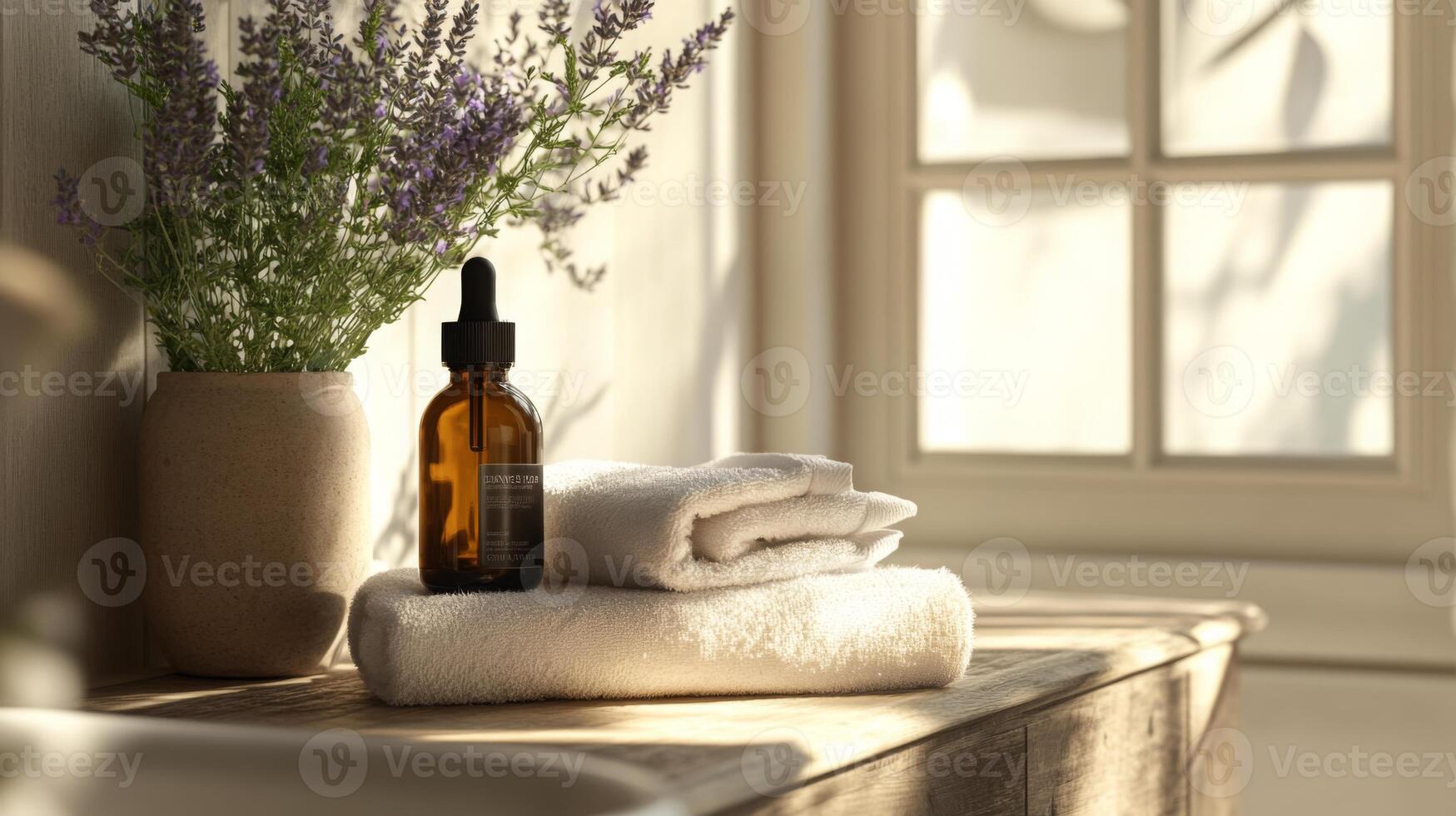 A sunlit room features a wooden table adorned with plush white towels, a brown glass dropper bottle, and a vase of fresh lavender. The setup reflects a commitment to eco-friendly beauty and wellness. photo