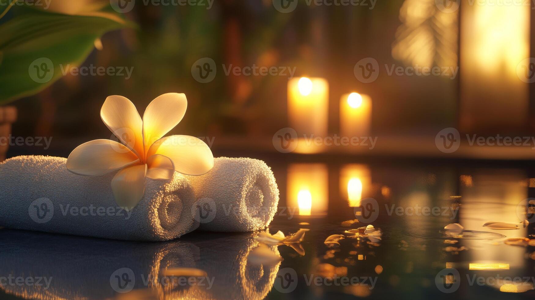 A tranquil atmosphere is created with soft lighting from candles illuminating rolled white towels and a delicate flower. photo