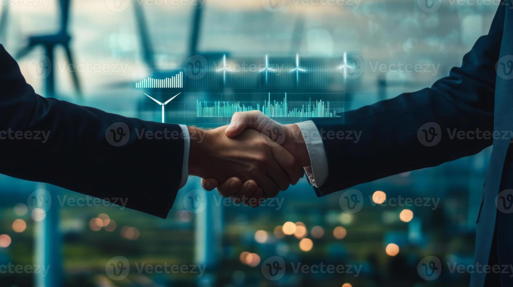 Two individuals are shaking hands in a dynamic environment representing sustainable finance. The backdrop features wind turbines, symbolizing renewable energy. photo