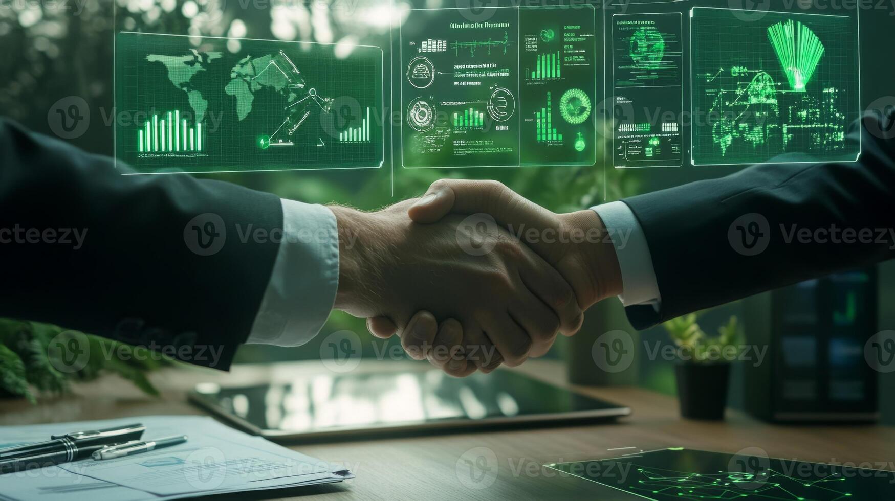 Two professionals shake hands, signifying a partnership focused on sustainable finance solutions. The background features digital graphs and charts, highlighting the role of AI in this initiative. photo